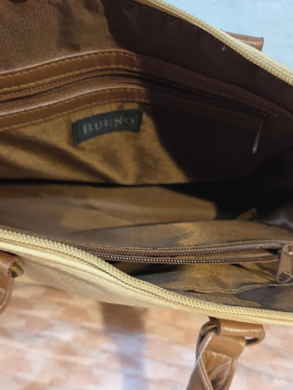 Bueno Classic Two-Tone Beige and Brown Satchel Handbag